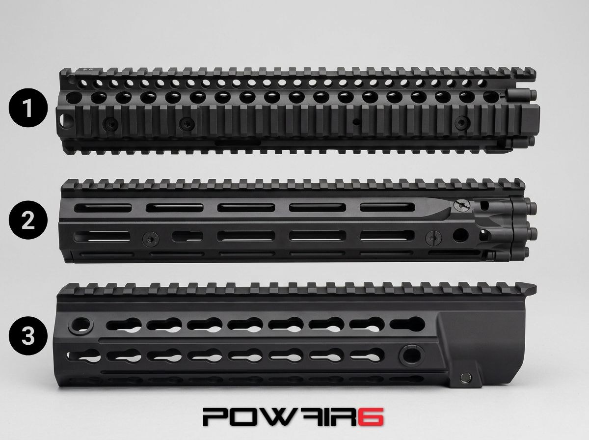 Picatinny quad rail handguard (1), M-LOK® handguard (2) and KeyMod handguard (3) side by side